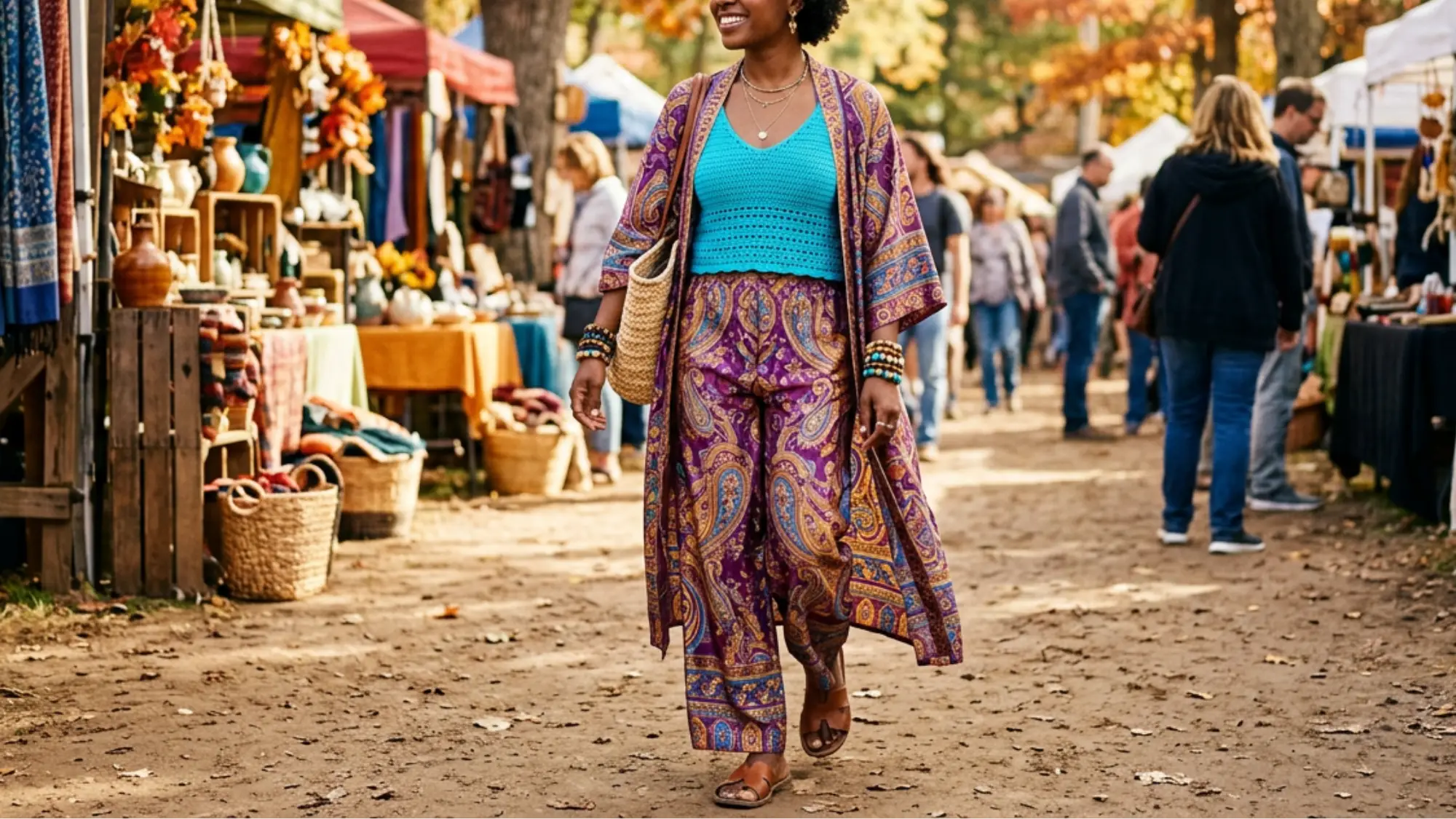 Smiling woman in bohemian attire walks down a dirt path lined with outdoor market stalls amidst autumn foliage