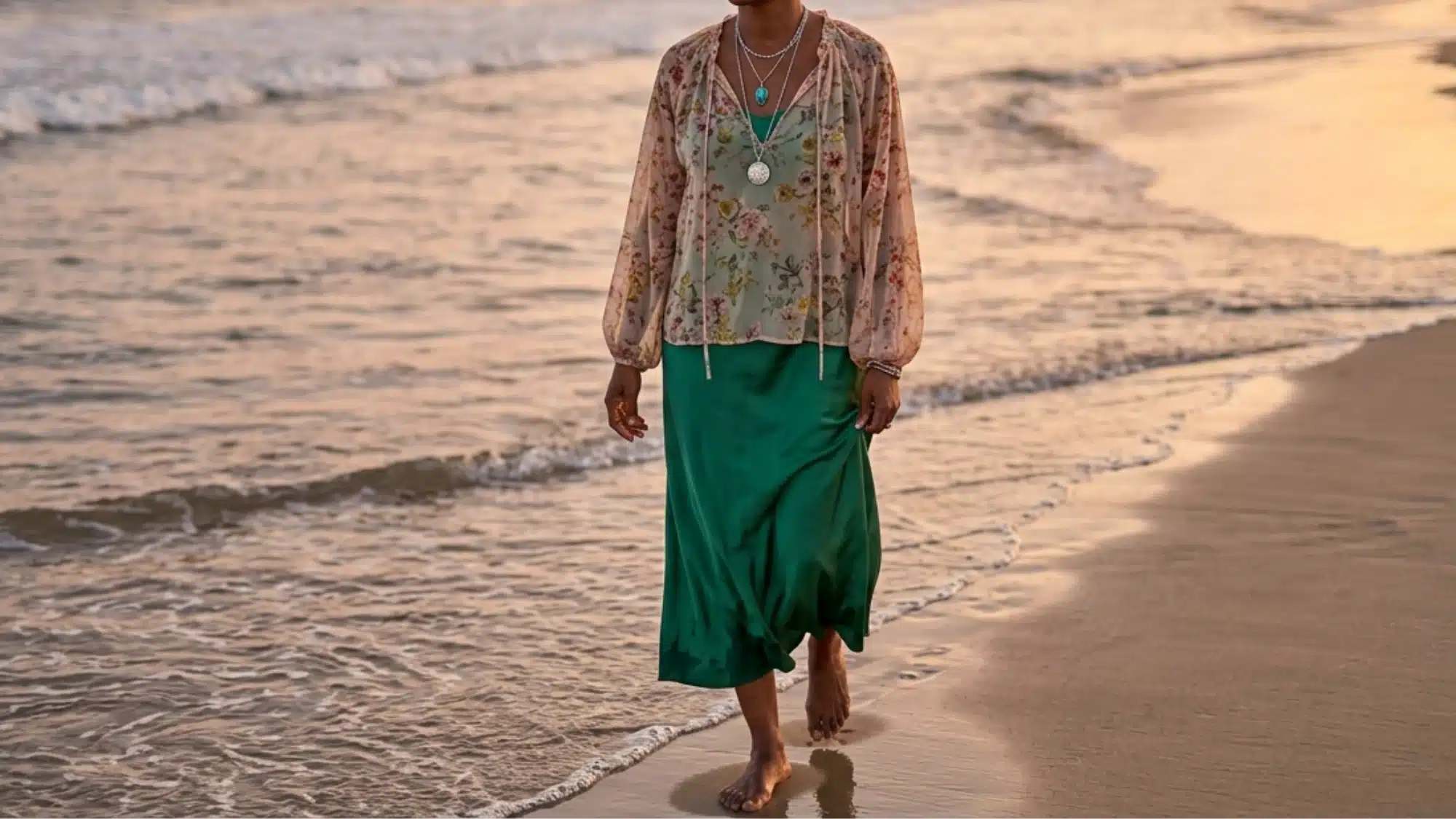 Smiling woman with dark curly hair walks barefoot along the wet sand of a beach at sunset with gentle waves washing ashore