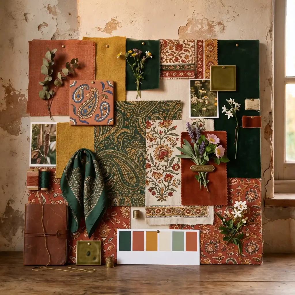 Terracotta and forest green moodboard with paisley fabrics, dried flowers, and a color palette on a rustic plaster wall