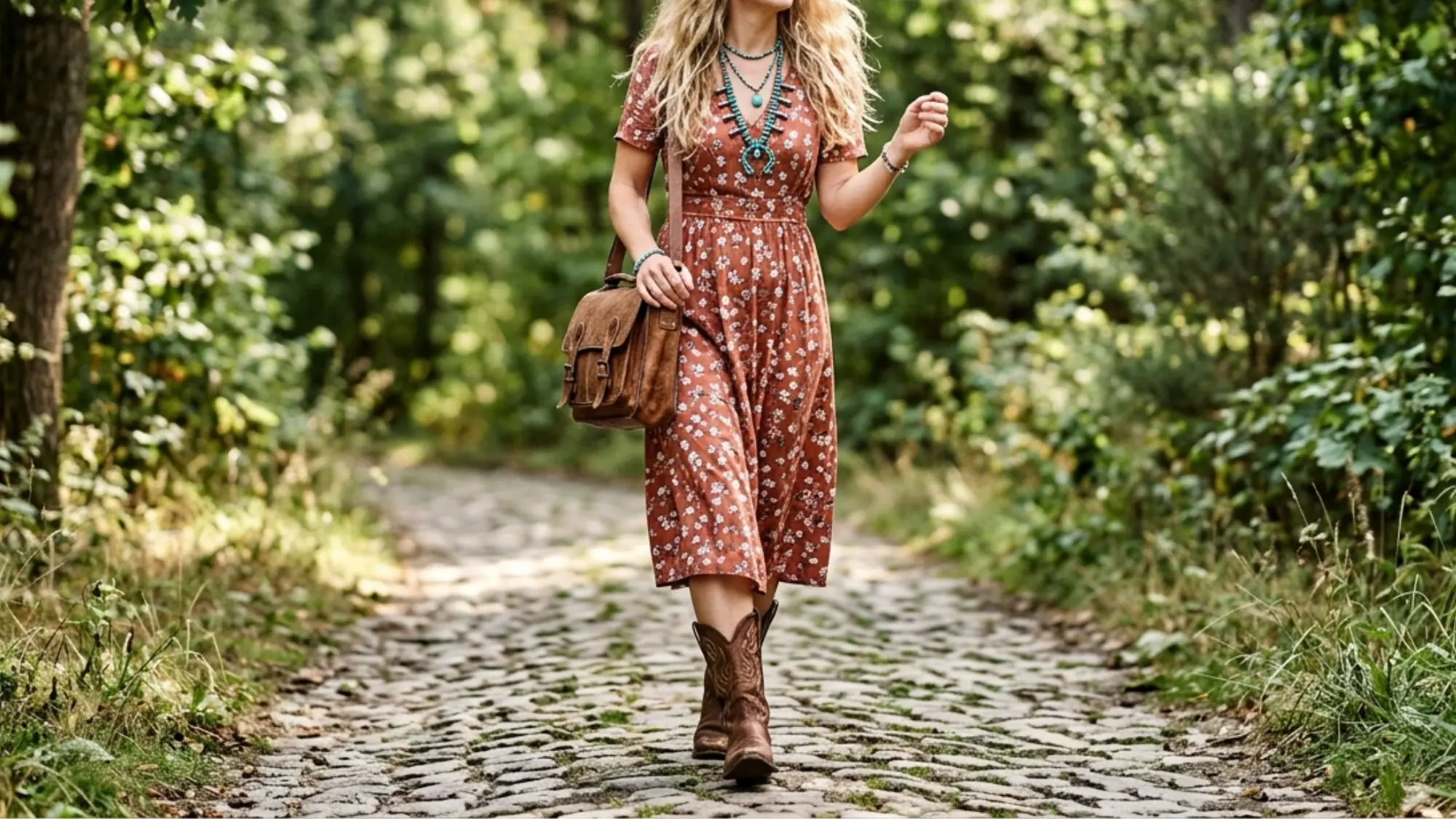 Woman in a floral midi dress and cowboy boots walks down a sun-dappled cobblestone path surrounded by lush green woods