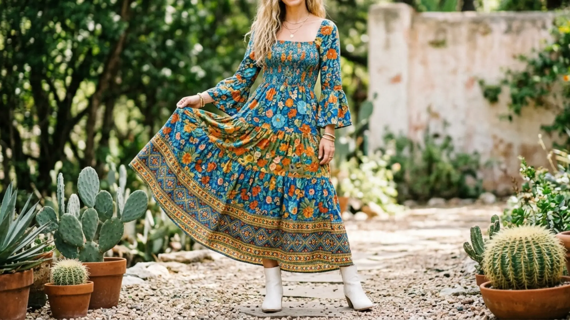 Woman wearing a long, blue floral boho dress and white ankle boots stands on a gravel path surrounded by potted cacti and lush greenery