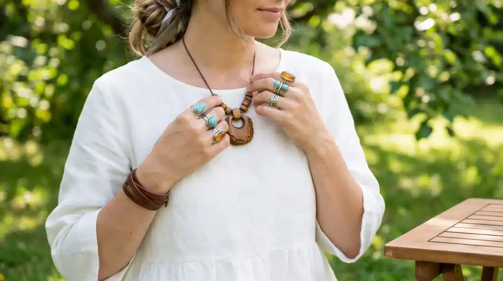 Woman wearing a white linen top, displaying multiple silver rings with turquoise and amber stones, a wooden pendant necklace, and a brown leather wrap bracelet outdoors