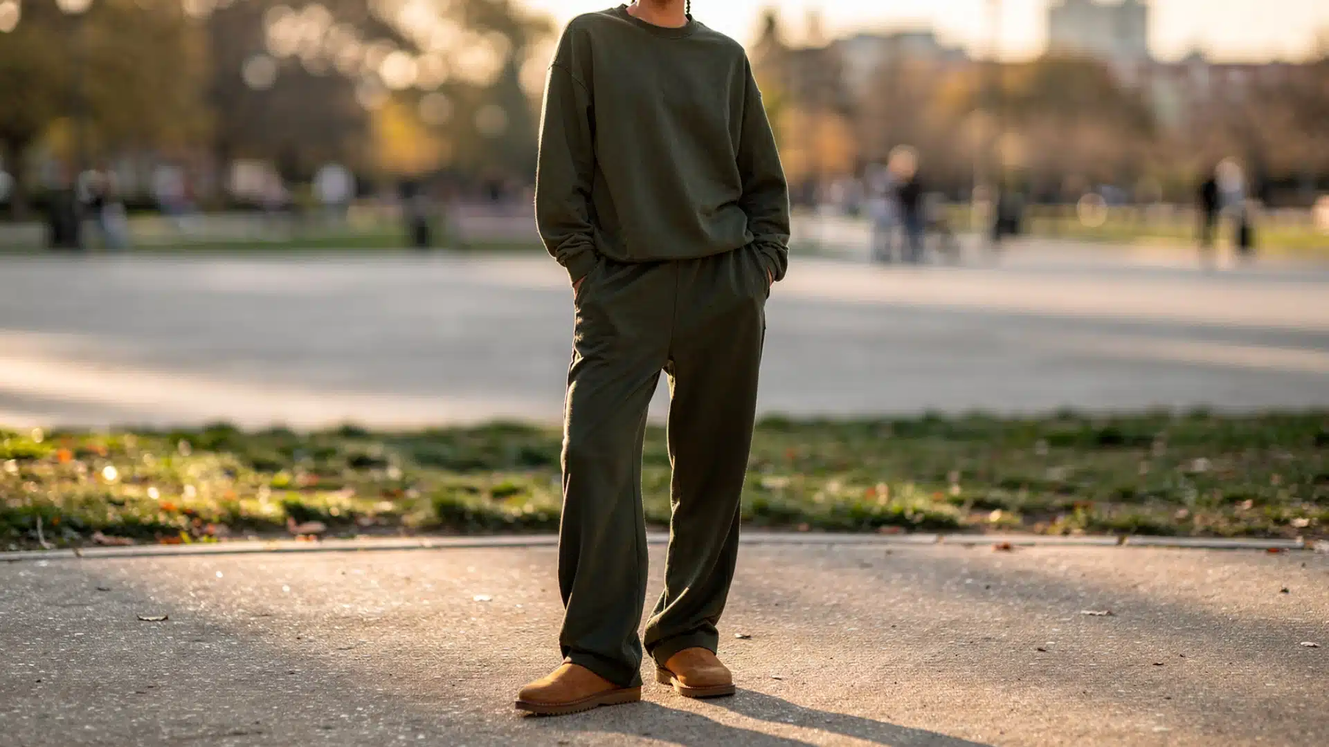 A woman wearing green sweatshirt and pants