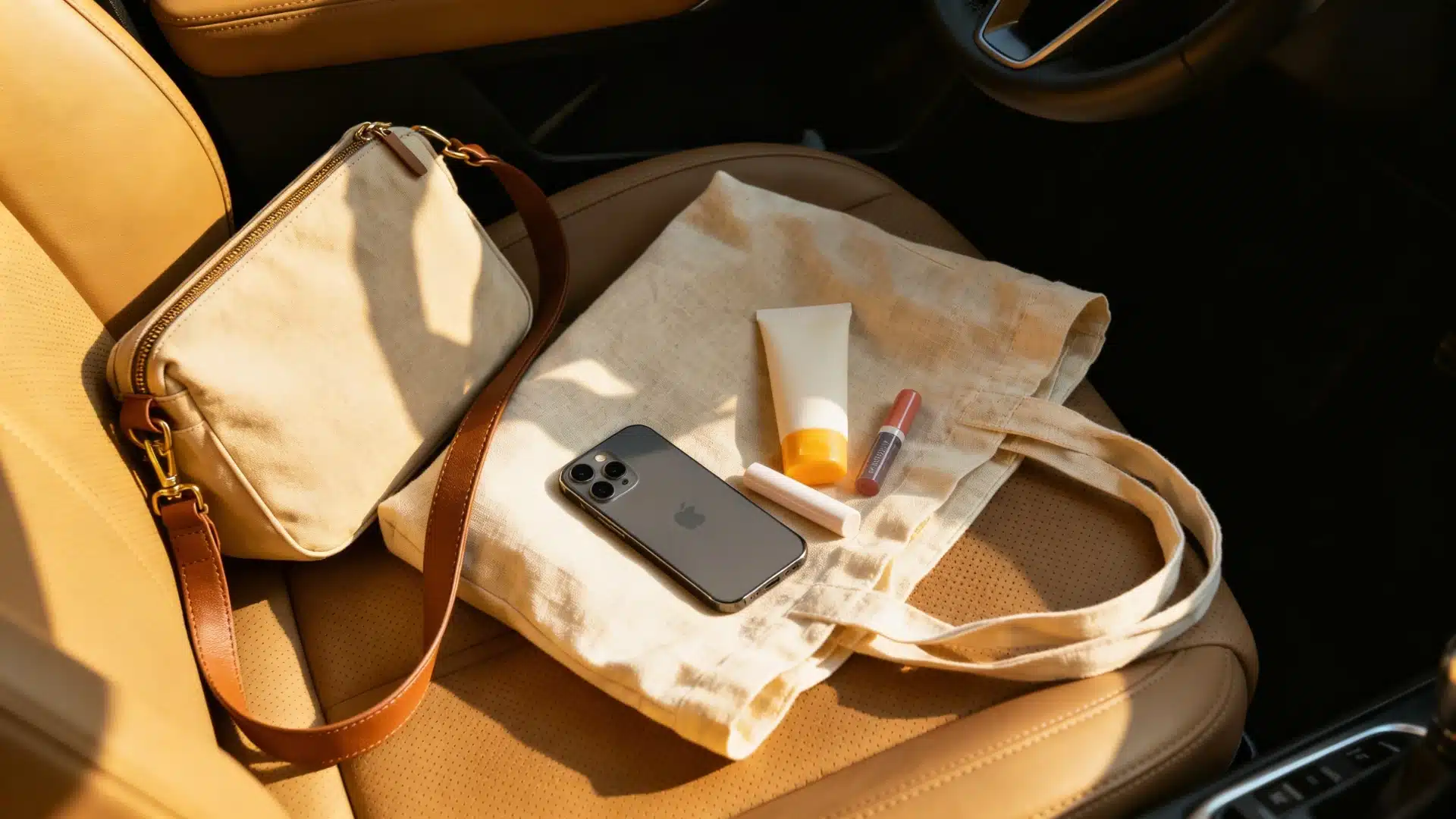 Beige accessories including a crossbody bag, canvas tote with sunscreen and lip balm, and a smartphone on a tan leather car seat in bright sunlight