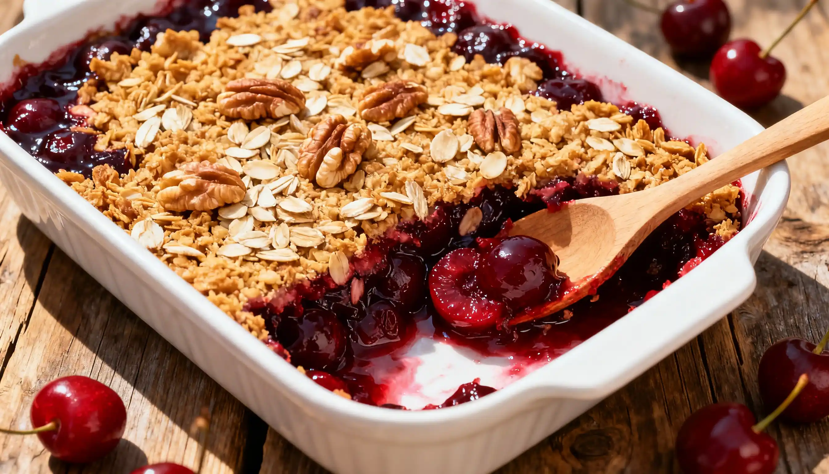 Close-up of a scoop being taken from a warm cherry crisp topped with oats and pecans in a white baking dish on a rustic wooden surface.