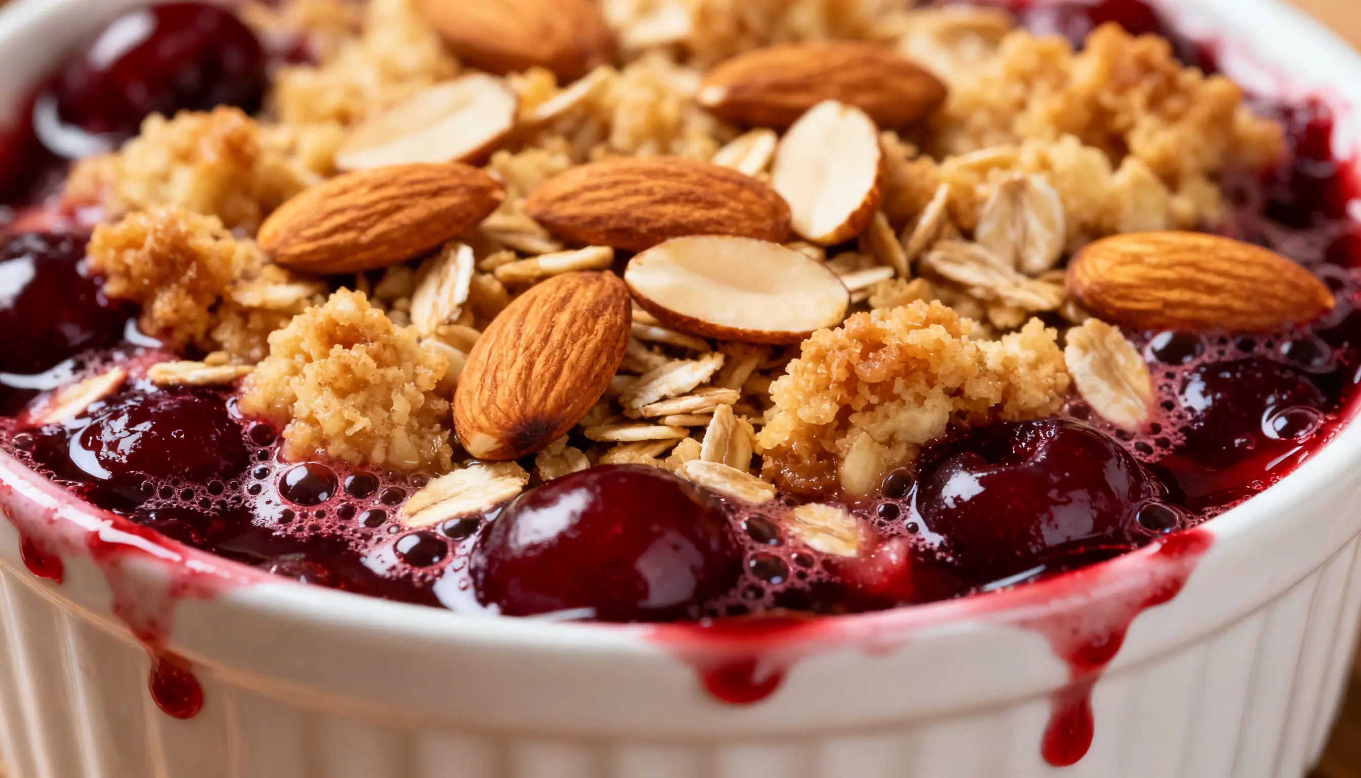 Close-up of bubbling cherry crisp topped with oat crumble, whole almonds, and sliced almonds overflowing slightly from a white ramekin.