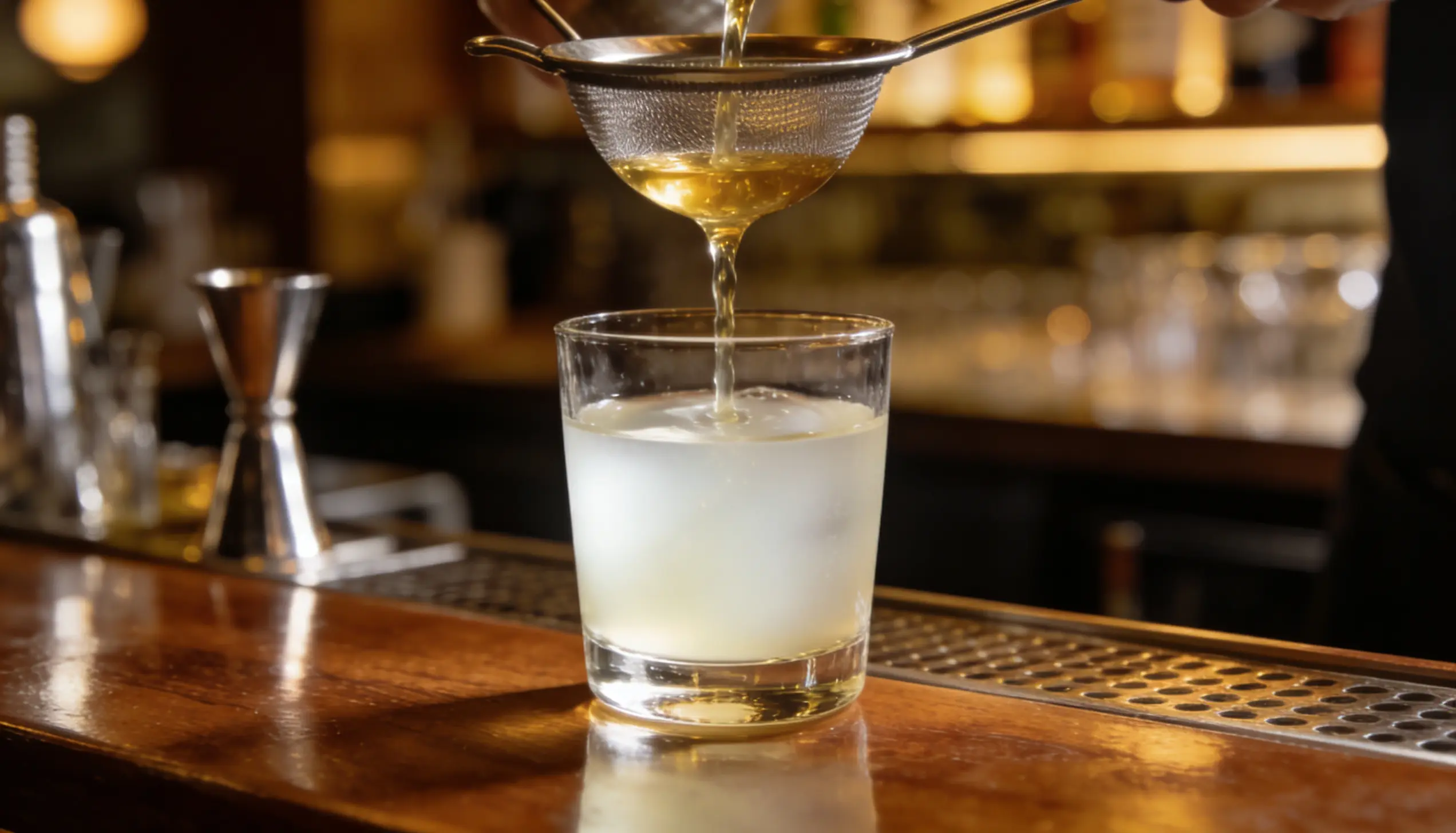 A bartender is pouring a colorful drink into a glass, showcasing their mixology skills at a lively bar.