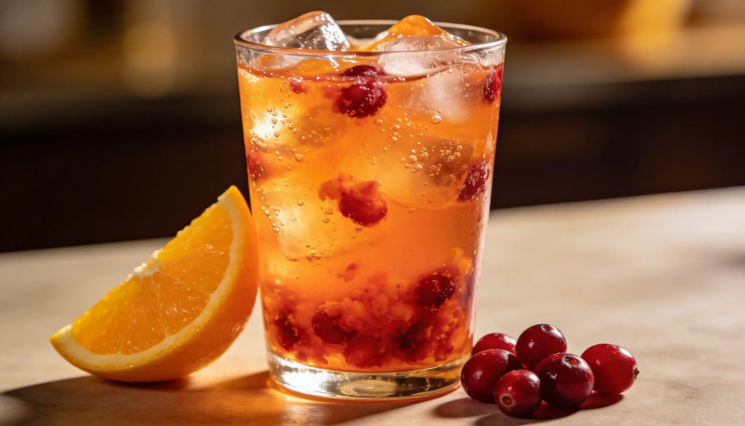 A glass filled with orange juice, decorated with cranberries and orange slices, presenting a bright and inviting drink.