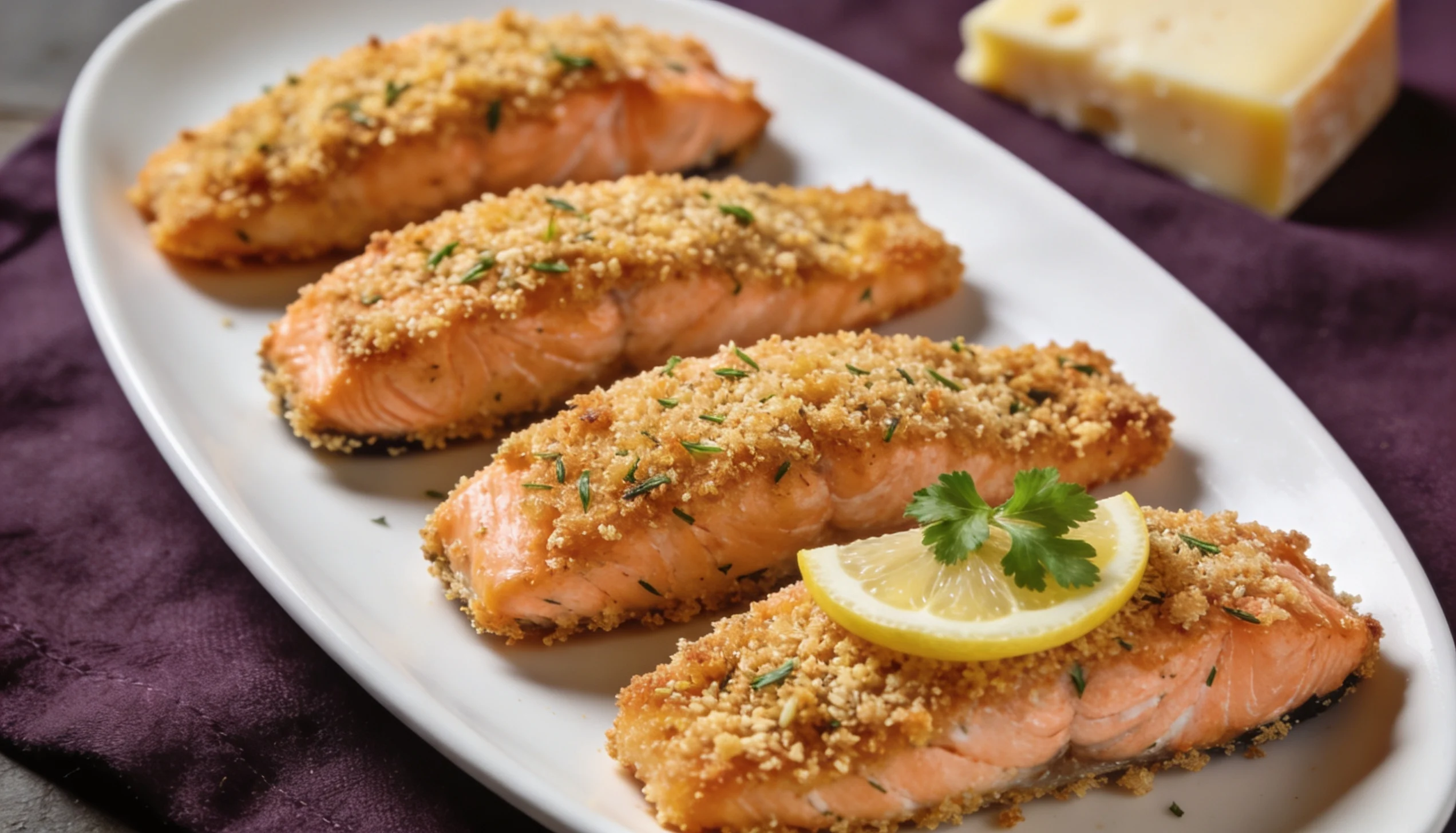 Four pieces of salmon fillets topped with golden breadcrumbs, arranged neatly on a white plate.