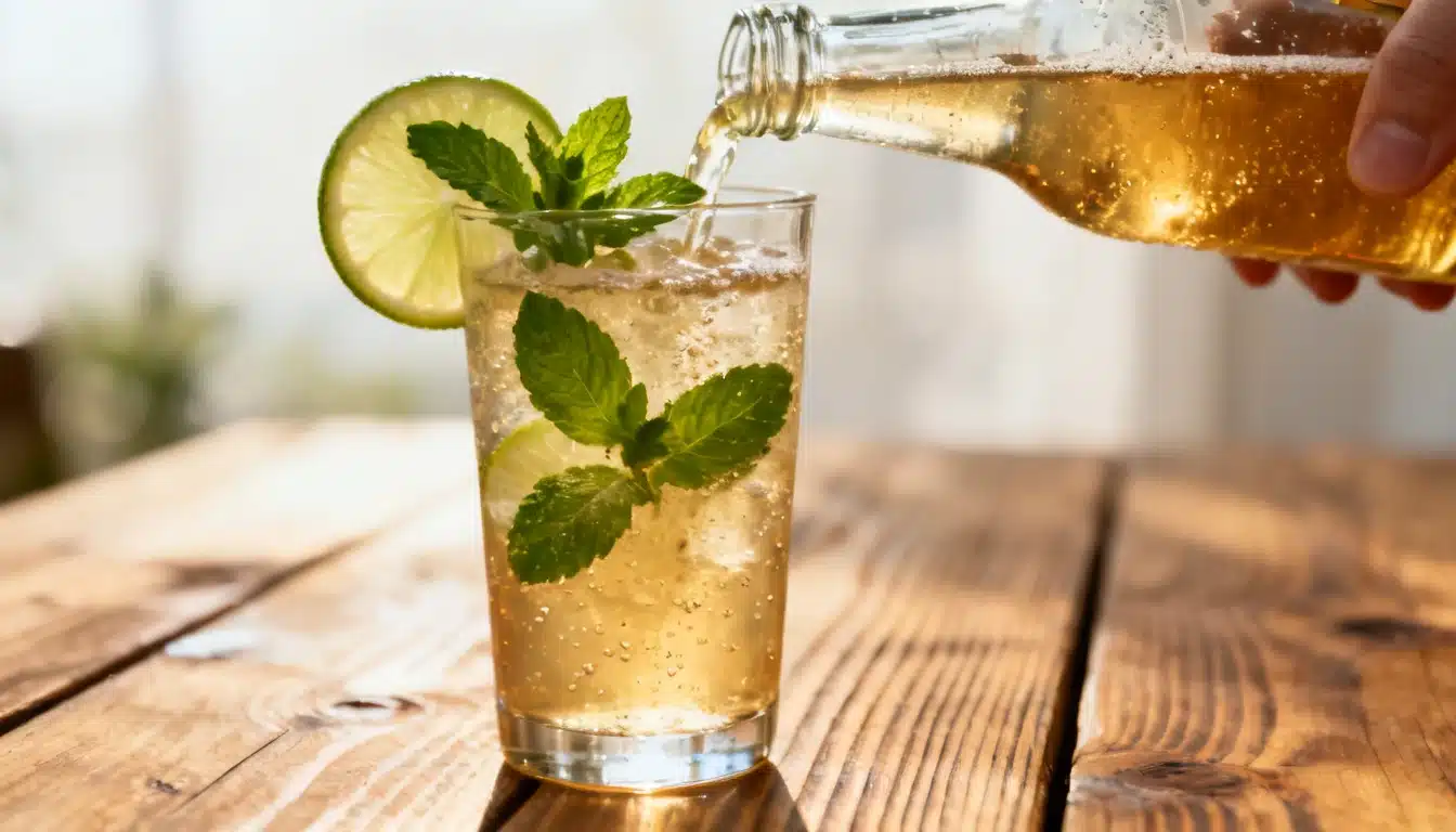 A drink is being poured into a glass, featuring lime slices and mint for garnish.