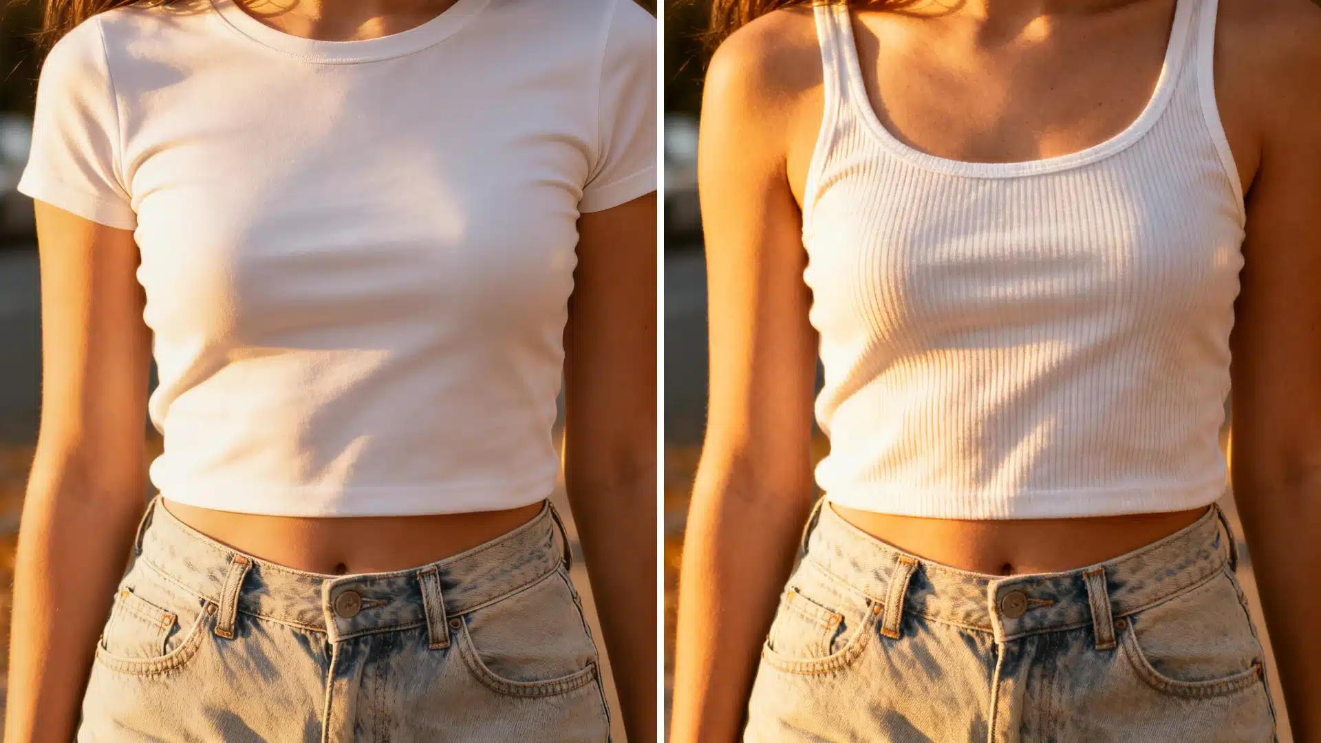 Split image comparison showing a woman wearing a white crew neck crop top versus a white ribbed tank crop top with light wash denim jeans, illuminated by golden hour light