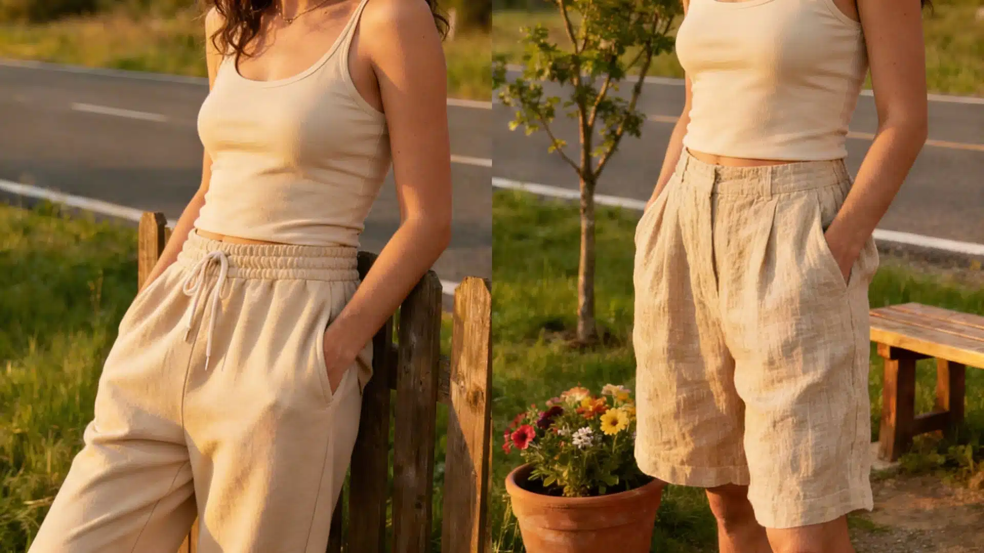 Two views of a woman modeling relaxed, neutral-toned linen separates outdoors near a roadside with a wooden fence and potted flowers