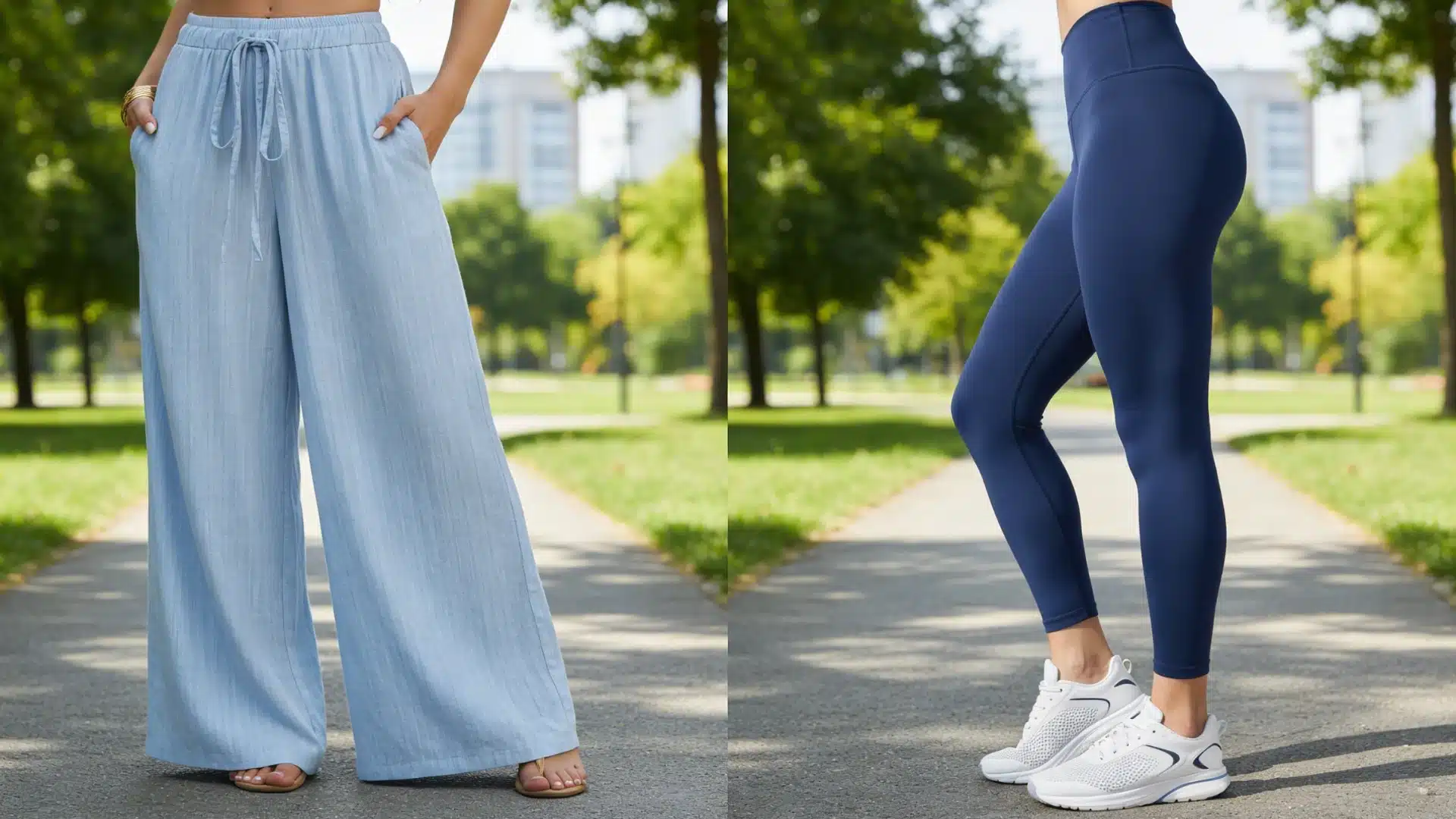 Two women wearing blue and white pants, standing side by side (1)