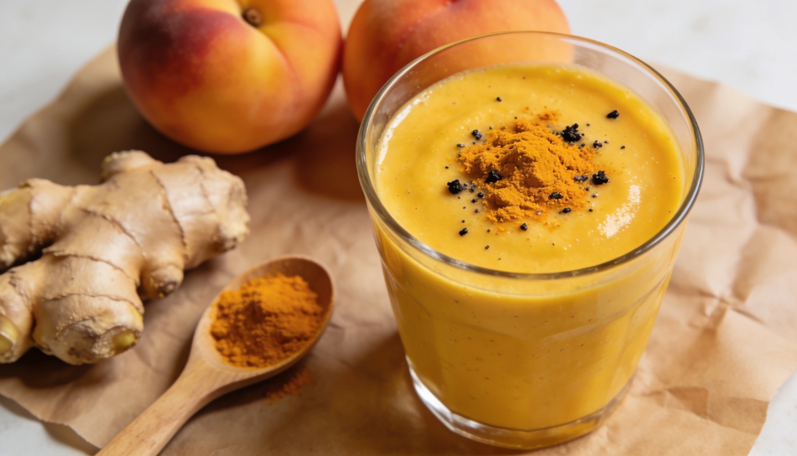 A delicious smoothie combining ginger and peaches, presented in a glass, highlighting its bright orange color.