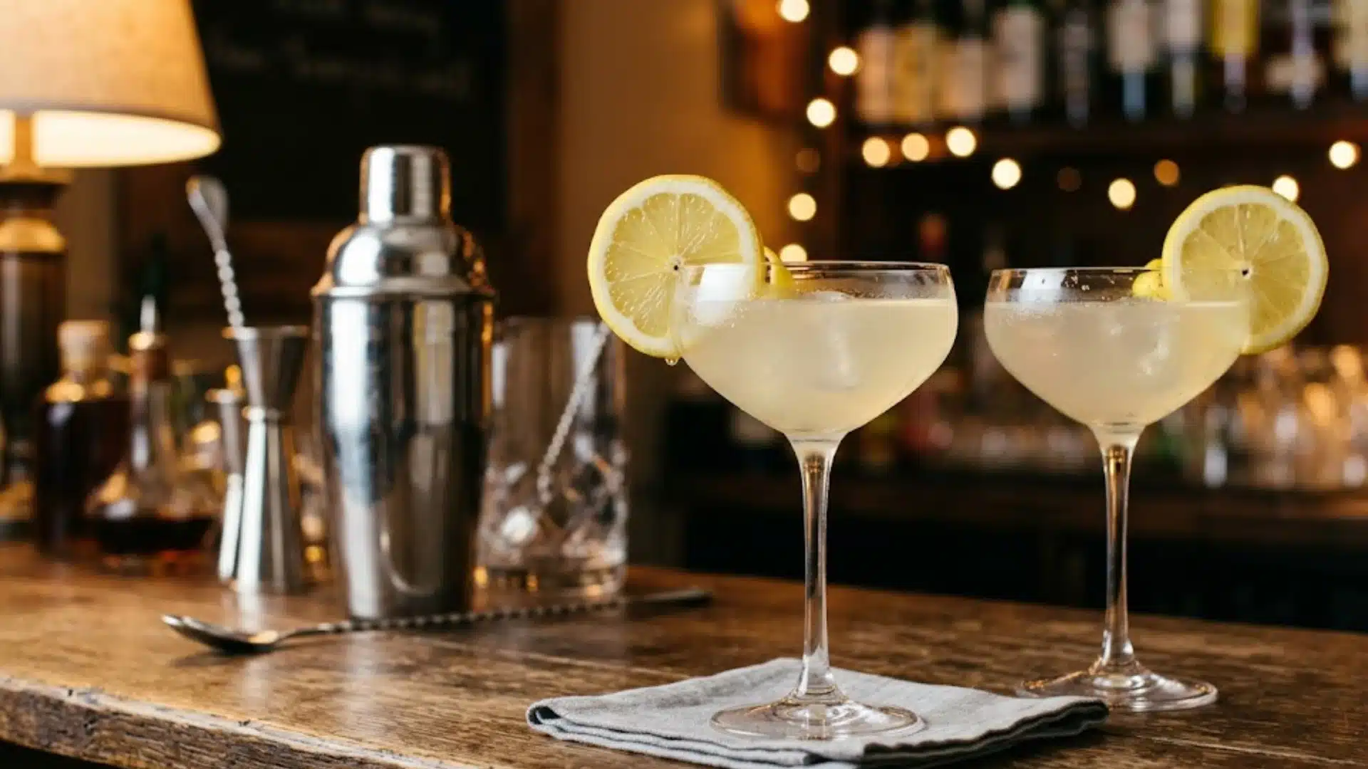 Two cocktails in coupe glasses with lemon slices on a cozy bar counter. A shaker and dim lighting create a warm, inviting atmosphere.