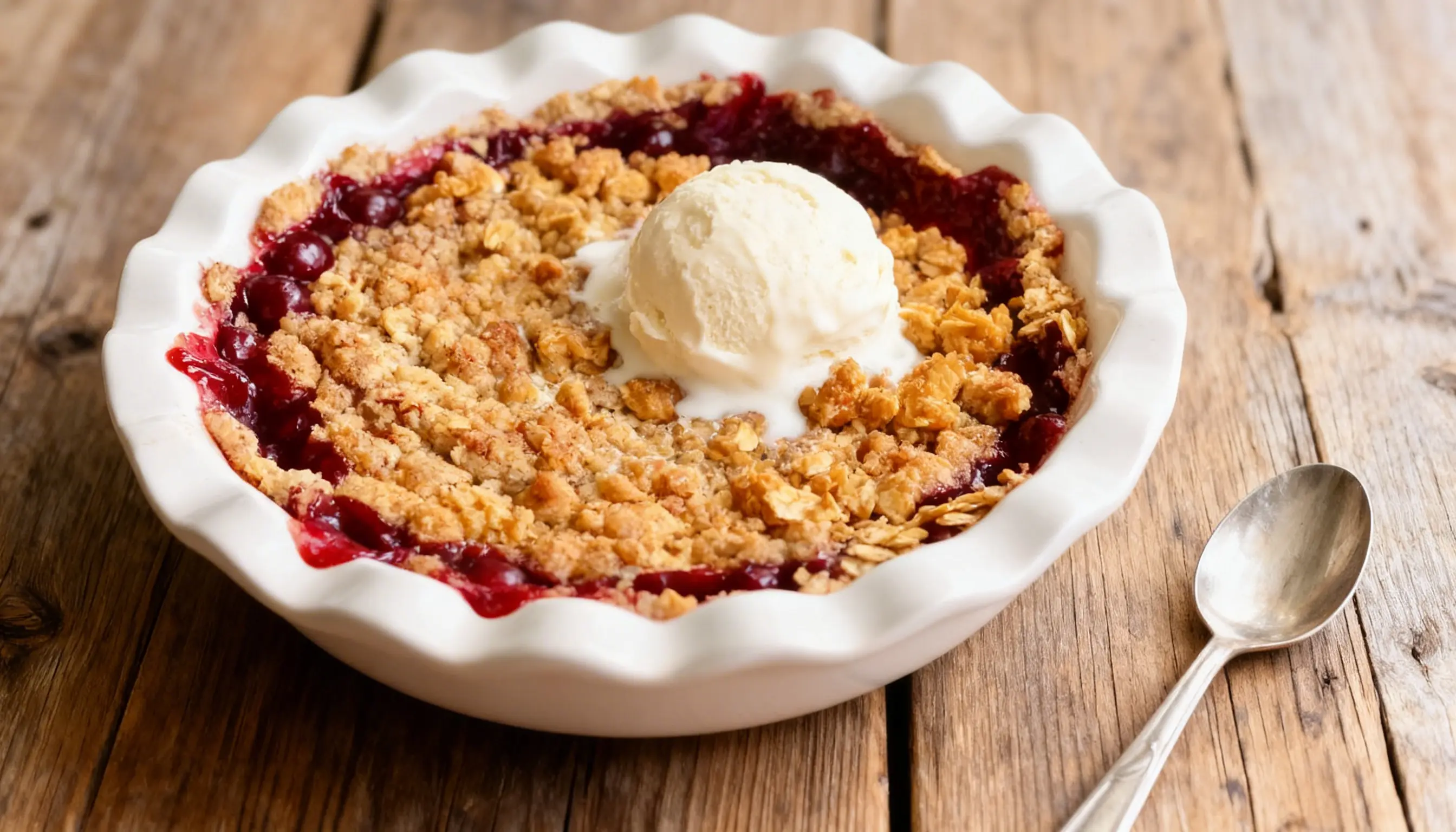 Warm cherry crumble topped with vanilla ice cream sits in a white fluted dish on a rustic wooden surface next to a silver spoon.