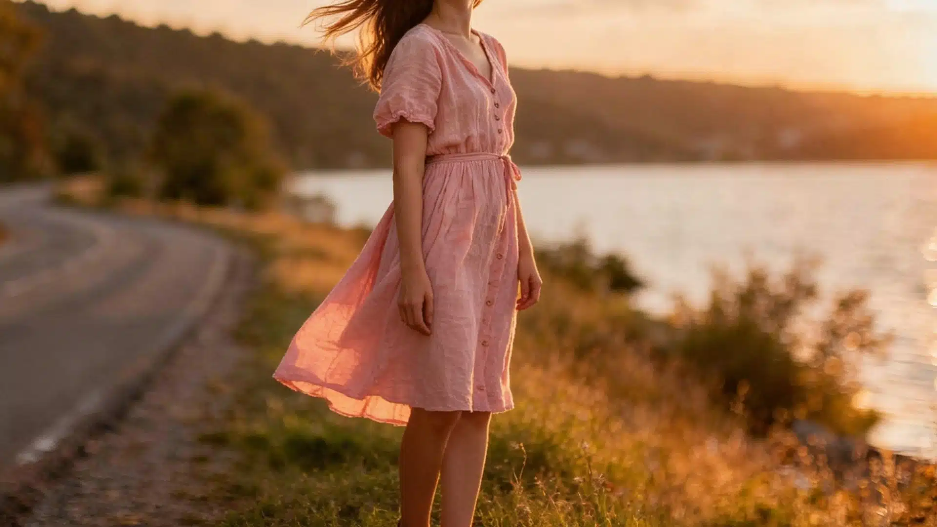 Woman in a flowing pink linen dress stands by a curving roadside next to water during a warm golden sunset