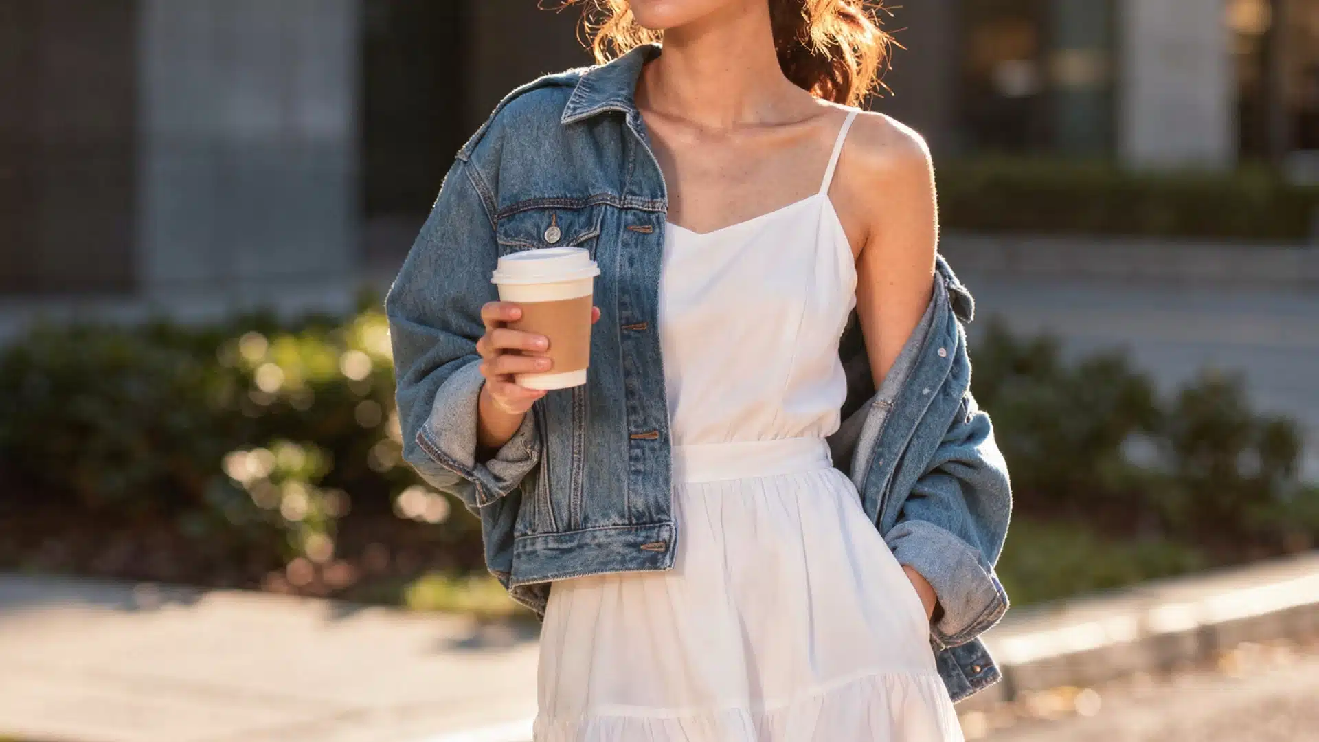 Woman wearing a white sundress and an oversized denim jacket holds a takeaway coffee cup outdoors in sunlight